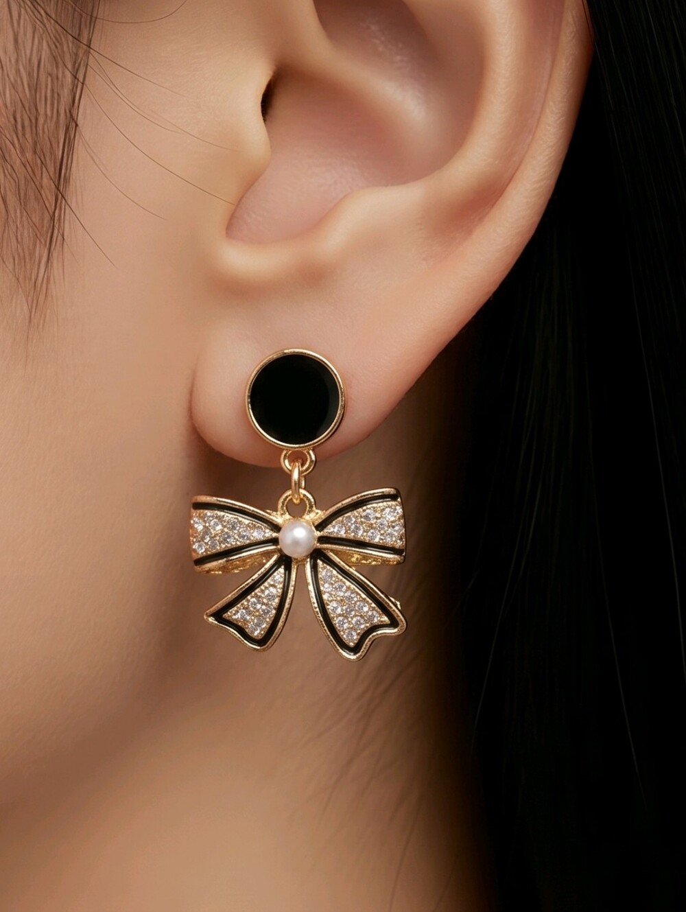 Black Gold Bow Earrings Pearl CZ Rhinestone Studs Coquette Ribbon Boutique Glam